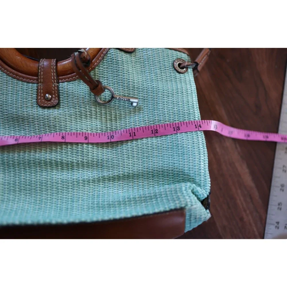 VTG Fossil 1954 Classic Seafoam Green Woven Rattan Wood Handles Strap Bag Purse